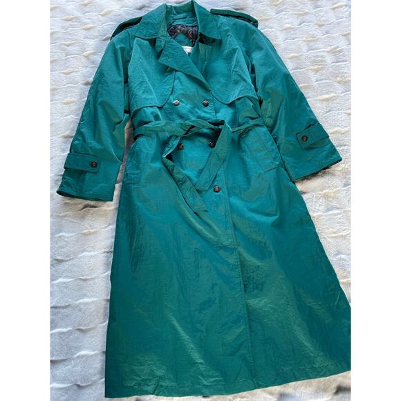 🔥Vintage 80s Maggie Lawrence Double Breasted Long Rain Trench Coat Quilt Line - Picture 6 of 16